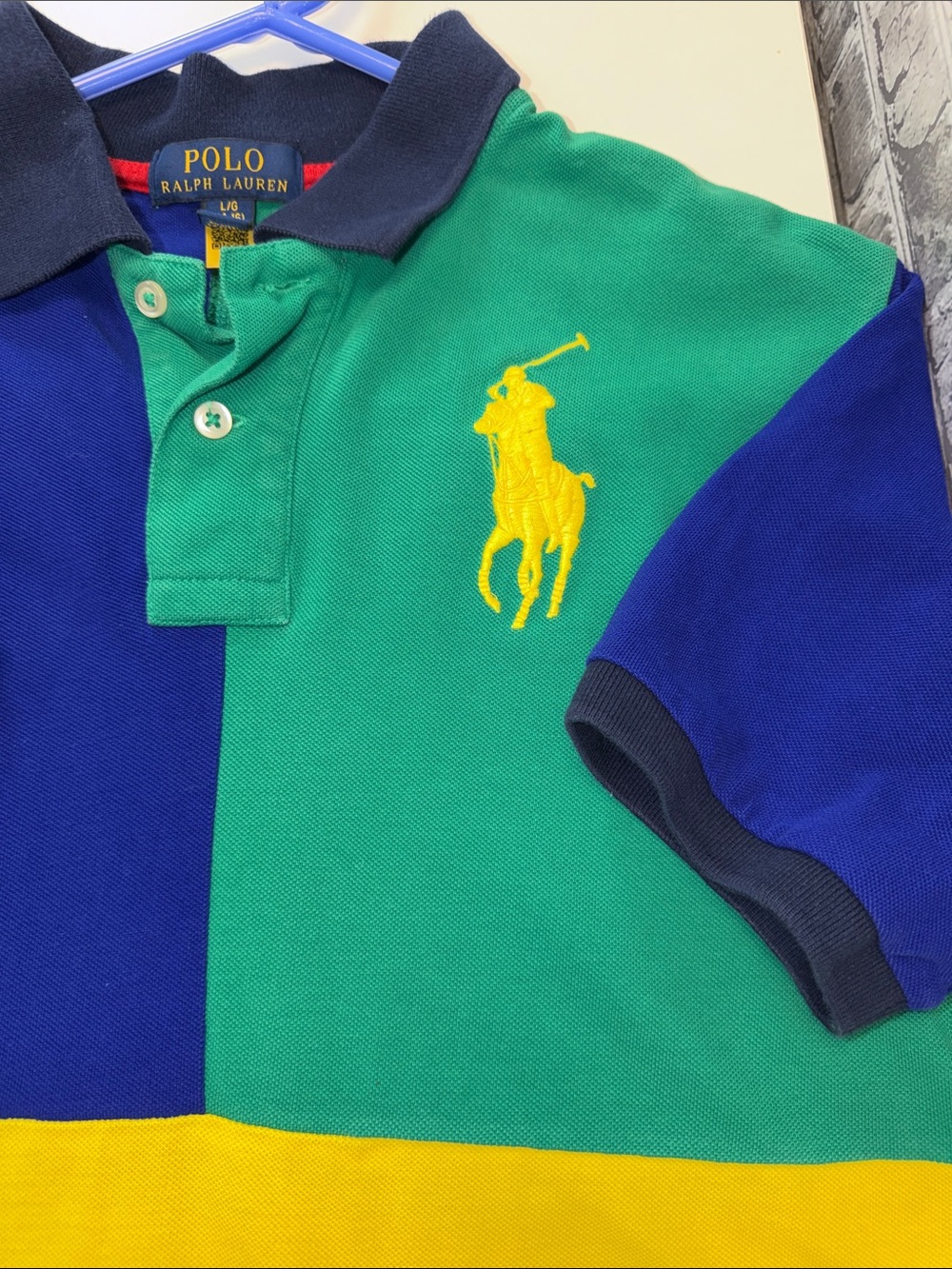 Polo by Ralph Lauren Colorblock Polo — Blue/Green/Yellow/Red with Navy Collar - Picture 7 of 7